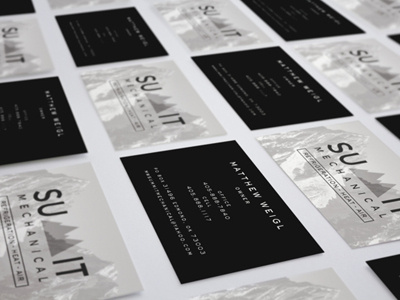 Summit Mechanical Business Cards black branding business clean graphic design gray logo mountains outdoors white