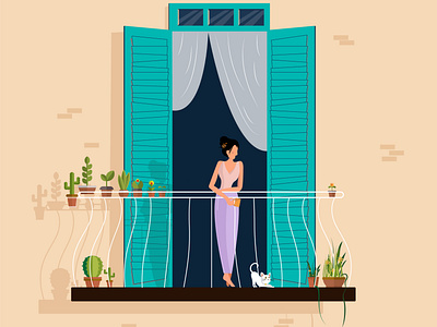 Girl in Balcony animation balcony vector design flat girl girl drinking coffee girl drinking tea girl illustration girl in balcony girl with cat girly illustration illustrator minimal vector