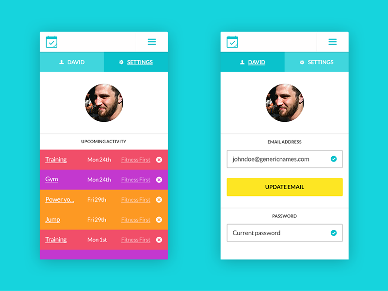 User settings fitness calendar app mobile website