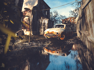 Old car (Syrena) in the old yard dirt fance old building old car rusty