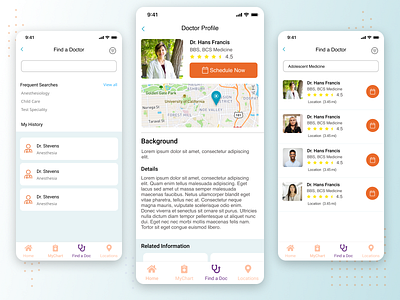 Health Care App app appointment doctor profile find a doc find care healthcare interface map medicine mobile app profile search ui user experience ux