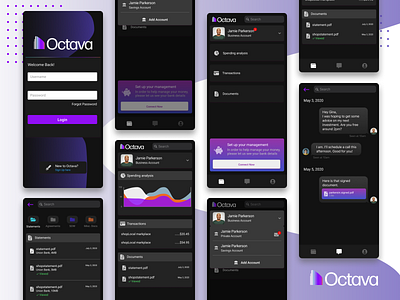 Octava add account bank management banking connect dark mode design documents dropdown gradient layout login messaging mobile app profile search signup statement ux