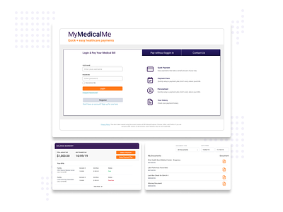 MyMedicalMe bills cards documents healthcare layout login medical payment paymentportal quickpay ui uiux