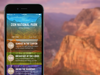 Zion Itinerary app iphone itinerary national park schedule ui zion