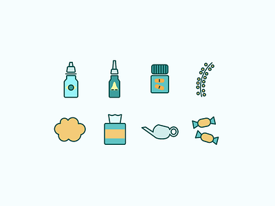 Allergy Icon Set allergies cough drops eye drops medicine nasal spray neti pot oak pill bottle pollen sick spring tissues