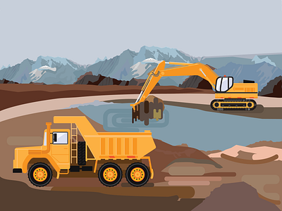 Construction equipment at the quarry construction construction logo design excavator flat illustration pit quarry transport truck