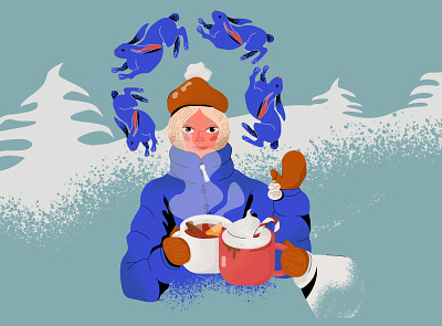 Winter adobe illustration cute girl hot chocolate illustration illustration portrait girl illustrator mulled wine rabbit vector