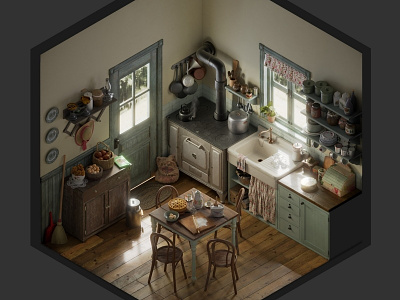 Vintage kitchen - isometric 3d archviz blender environment isometric still life