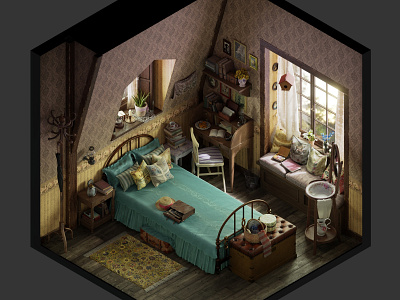 Vintage bedroom - Isometric 3d 3d art archviz bedroom diorama environment illustration interior isometric vintage