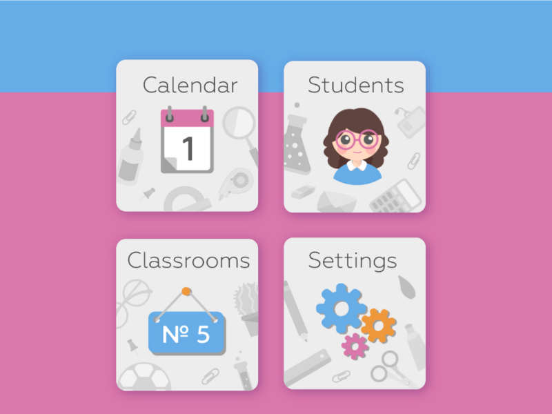 "Teacher's assistant" app. Main menu vector app teacher education school ui application