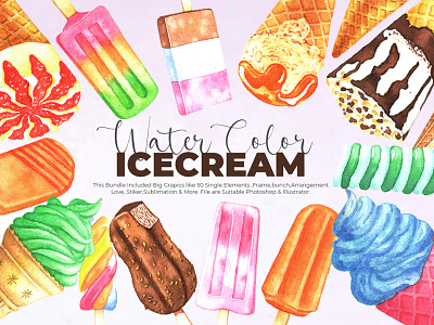 Watercolor Ice-cream Clip Art Bundle bundle clipart ice cream illustration watercolor watercolor illustration watercolorbundle