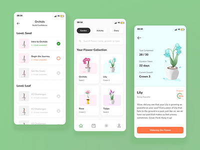 Blooms - Self Care App with Plant Concept app figmadesign gamification illustration mockup plant ui design ui inspiration uiux ux design