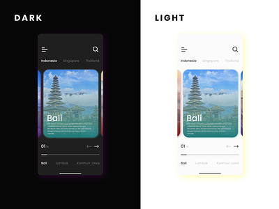 Travel App Homescreen in Dark & Light Mode app bekasi design indonesia jakarta ui uidesign uiux uiuxdesign ux