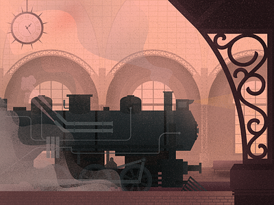 Leaving the Station clock engine illustration install platform smoke station steampunk train
