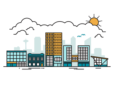 Discover South Lake Union city clouds color illustration outline seattle stroke sun vector