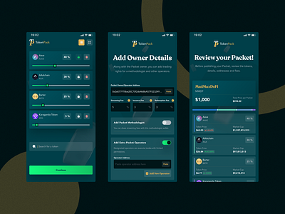 TokenPack Creator Mobile App blockchain crypto dark design emerald mobile app token ui