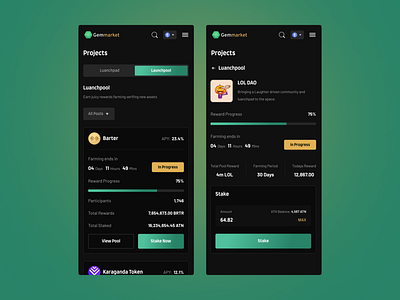GemMarket DeFi Launchpool blockchain crypto dark defi design figma pool staking token ui