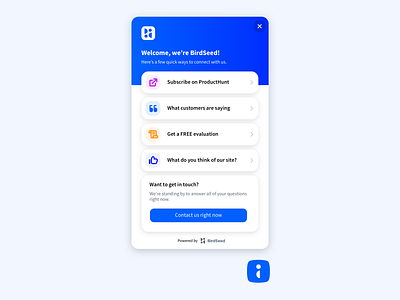 BirdSeed panel updates birdseed button chat chatbot clean clean widget drift intercom live chat modern panel ui design web design widget