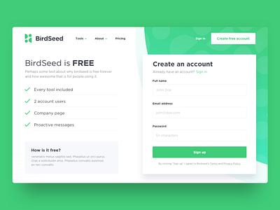 BirdSeed Pricing Page birdseed branding button create account free landing pricing ux ux ui web design