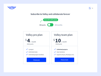 Volley pricing app blue button clean minimal panels plans pricing pricing plan pricing plans simple switch toggle ui volley webdesign