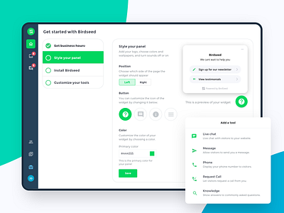 BirdSeed welcome checklist app birdseed button chat chatbot checklist clean dashboard green intro panel settings setup tablet tasks web welcome