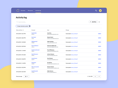 Activity log activity clean clean ui enterprise enterprise software filter list logs management modern product design table ui ux website