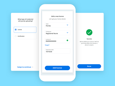 Add license steps add new blue button card check clean clean app design evercheck form form field interaction iphone ux license mobile stepper steps success swipe turbotax