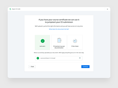 Improved Report CE Flow blue button clean components flow form interface modal product design report submission submit turbo tax uiux upload upload file user experience ux