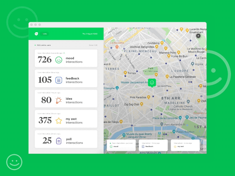 LIVE 🔴Activity Tracker · Zest 🍋 activity gps green hackaton live locate mood smileys tracker ui webdesign zest