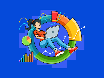 Marketing metrics ahrefs analysis chart circle colorful dashboard diagram fit floating girl illustration jeans laptop macbook marketing metrics outline seo sneakers woman