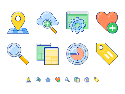 Features icons cloud favorite gear heart icon layouts map search set settings tag timer