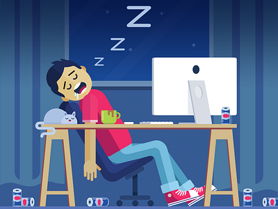 Designer's life :) cat character dark flat fun illustration mac room sleep table work