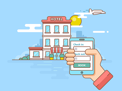 Hotel Booking accommodation app booking hand hotel illustration landscape outline plane plugin rest travel