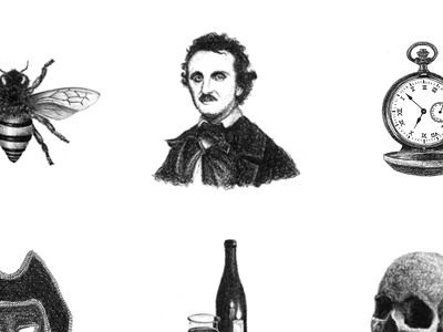 Poe Spot Illustrations bee black white clock edgar allan poe hand drawn ink insect mask skull spot illustrations storybook wine