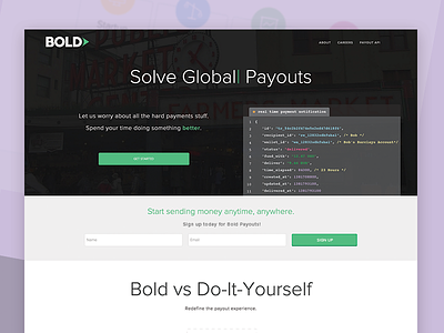 Bold! api bold compliant dark financial global homepage launch payments signup splash website