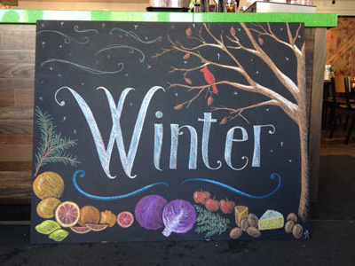 Winter menu chalk art for the Birchwood Cafe Mpls chalk color illustration lettering vegetables