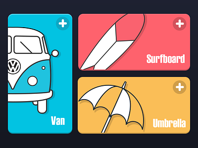 Summer icon cards blue cards flat icons pink summer surfboard ui umbrella van yellow
