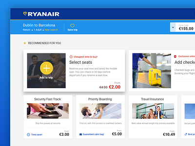 Ryanair Potential Trip airline blue booking cards desktop flight plane ryanair ui ux yellow