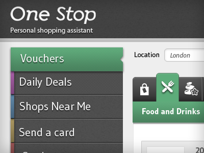 Persona Shopping Assistant blue card daily deals food gray green header menu navigation pink shops side tabs voucher