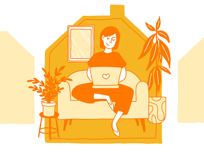 Orange you glad for small comforts? colorful covid 19 doodle drawing flat colors graphicdesign handdrawn home homeoffice house house illustration illustration laptop orange plants social distancing stay home vector woman