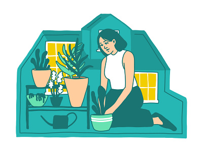 Home is where you own too many plants colroful covid 19 doodle drawing flat colors graphicdesign handdrawn homeoffie house illustration plants social distancing stayhome vector woman