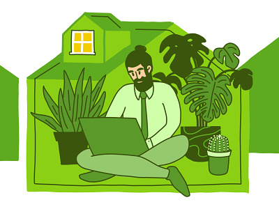 The green home office coronavirus covid 19 drawing essential worker flat color graphicdesign illustraion man plants social distancing stayhome vector work from home
