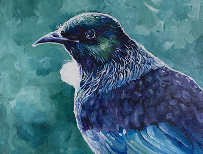 New Zealand Tui in Blue arcylic bird canvas drawing fine art illustration new zealand oil painting texture
