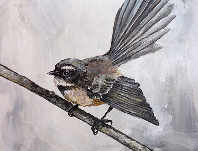 Fantail on a branch acrylic canvas fine art kiwi new zealand painting realistic traditional
