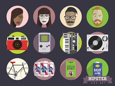 Hipster Icon Set bikes design flat hipster icon illustration ironic moustache music people ui vector
