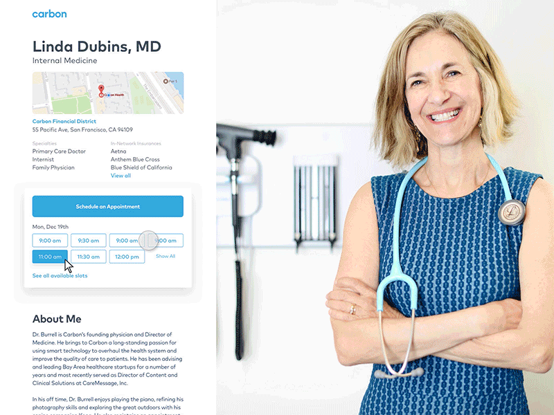 Doctor Profile at Carbon Health animation calendar healthcare landing page medical profile prototype scroll web