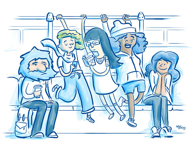 Riding Muni bus characters comics drawing fun hand drawn public transport reading train