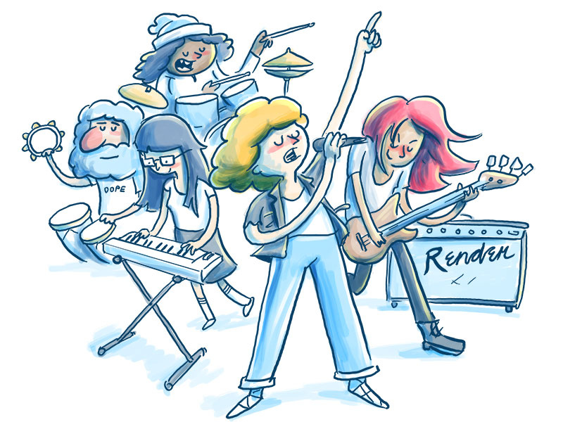 Rocking Out drawing characters comics hand drawn synth singing microphone keyboard drums guitar music band