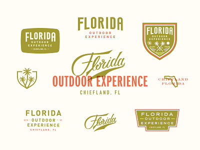 Florida Outdoor Experience adventure branding fishing florida hunting identity lettering logo outdoors palm tree surfing