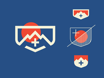Logo Concepts badge branding crest logo mountains shield sun